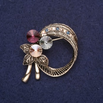 Little Bouquet Brooch with Rhinestones, Purple Champagne Gray Blue Chameleon, 32x32mm, Gold-Tone Metal