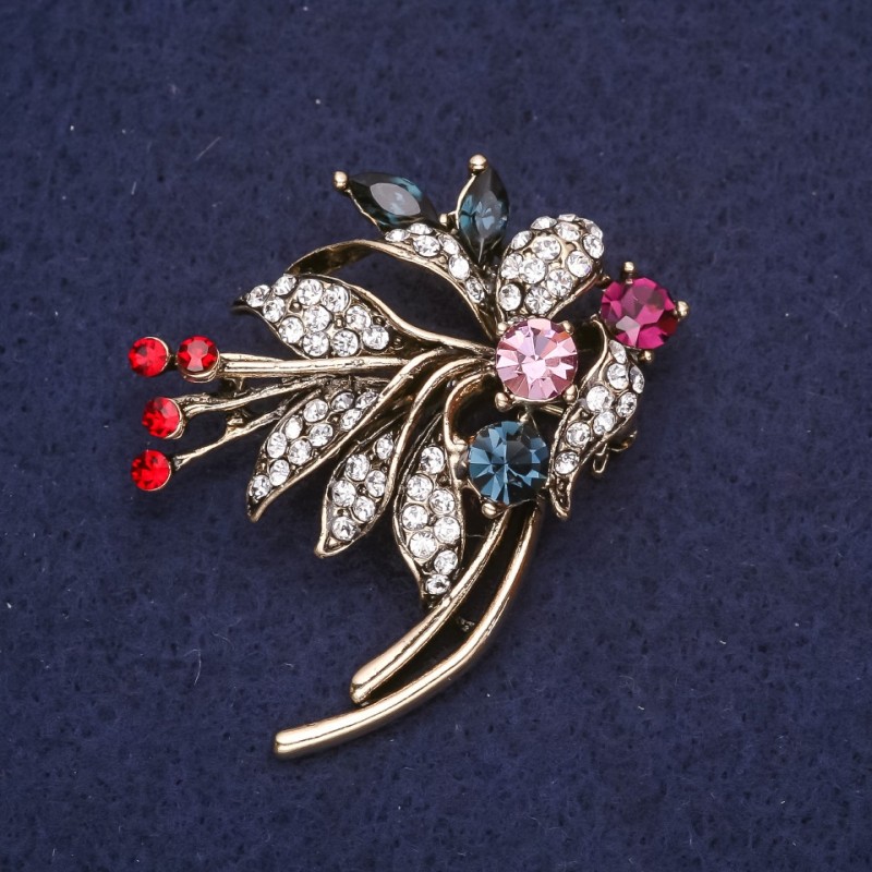 Little Bouquet Brooch with Stones and Rhinestones, Red Blue Pink Burgundy White, 48x40mm, Gold-Tone Metal