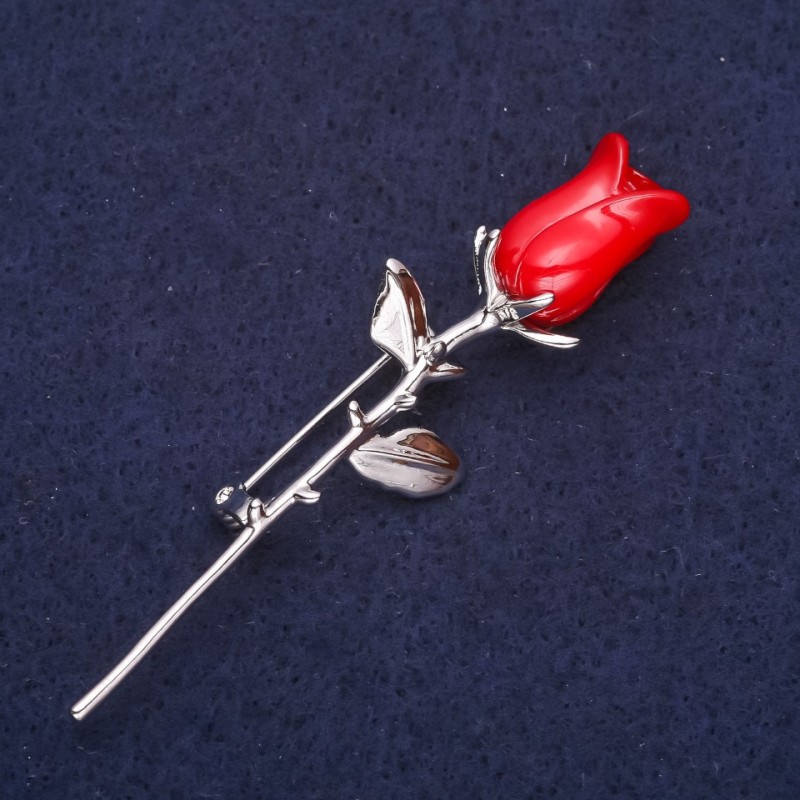 Rose Flower Brooch, Red, 66x19mm, Silver Metal
