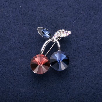 Cherries Brooch with Stones and Rhinestones, Blue Burgundy Chameleon Color, 24x29mm Silver-Tone Metal