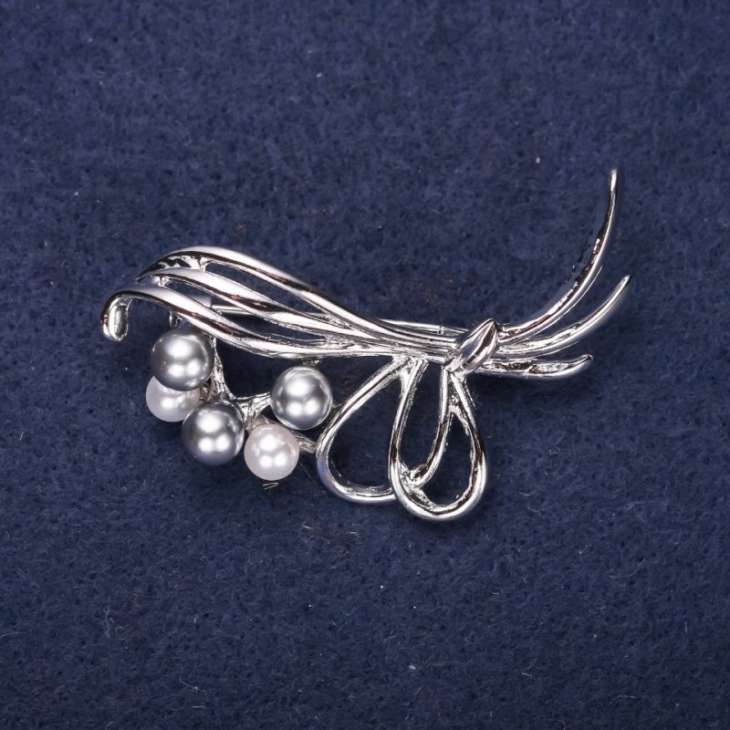 Sale! Clearance Little Bouquet Brooch with Pearls, Gray White, 50x22mm, Silver-Tone Metal
