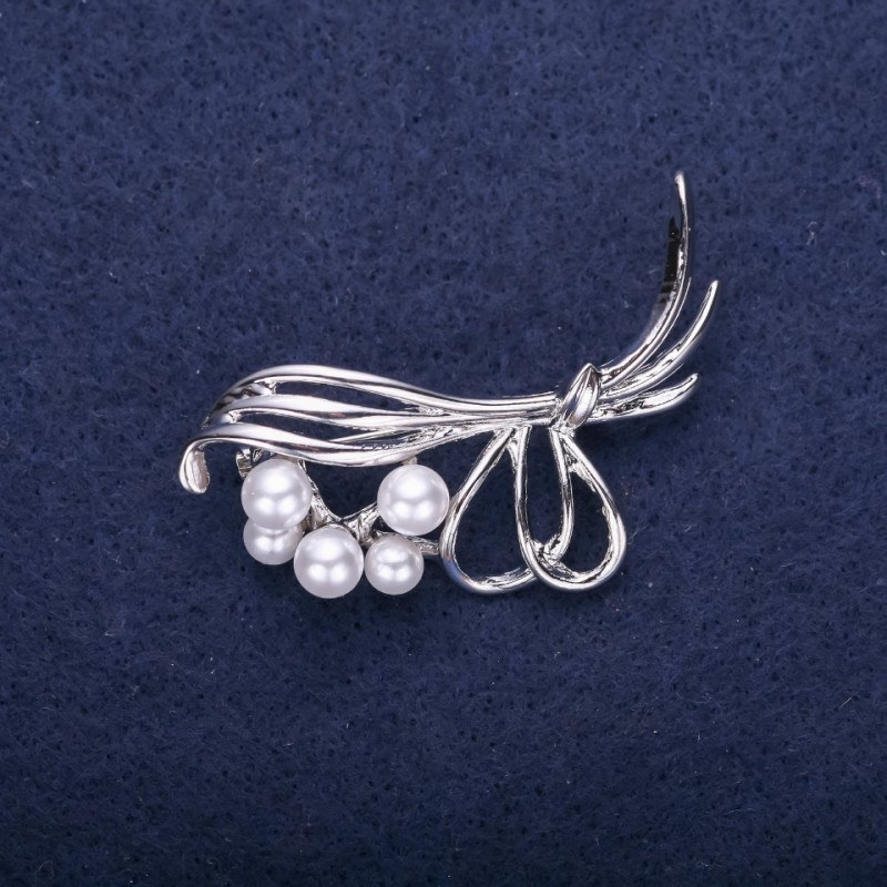 Sale! Clearance Little Bouquet Brooch with Pearl Beads, White, 50x22mm, Silver-Tone Metal