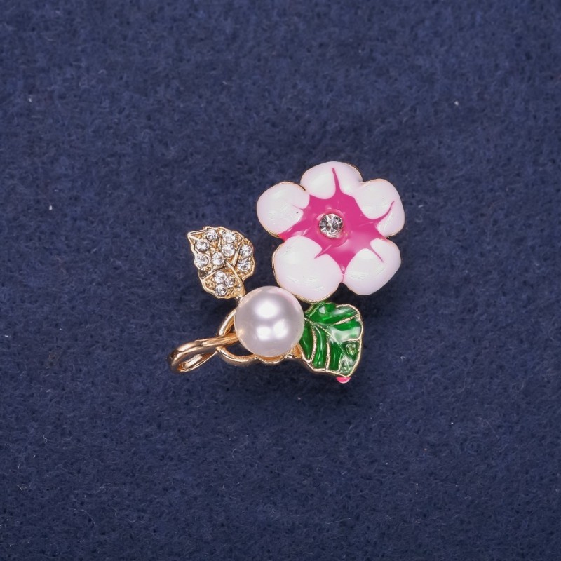 Flower Brooch with Pearl Bead, Enamel and Rhinestones, White Green Raspberry, 32x23mm, Gold-Tone Metal