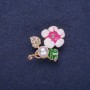 Flower Brooch with Pearl Bead, Enamel and Rhinestones, White Green Raspberry, 32x23mm, Gold-Tone Metal