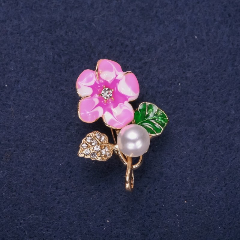 Flower Brooch with Pearl Bead, Enamel and Rhinestones, White Green Pink, 32x23mm, Gold-Tone Metal