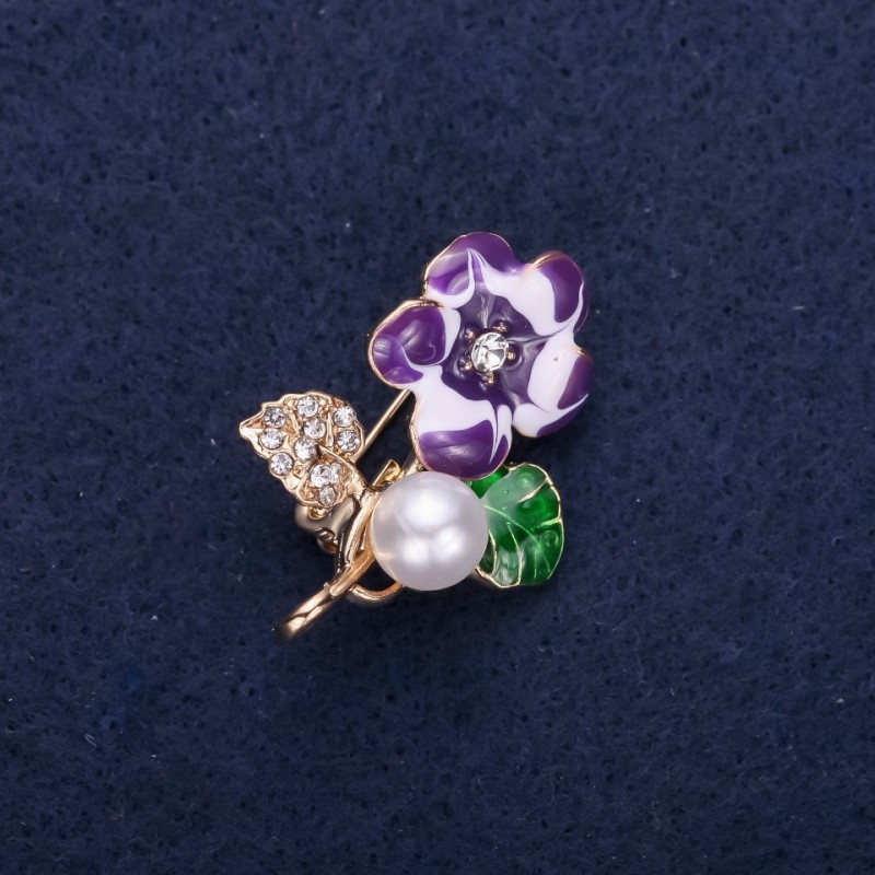 Flower Brooch with Pearl Bead, Enamel and Rhinestones, White Green Purple, 32x23mm, Gold-Tone Metal