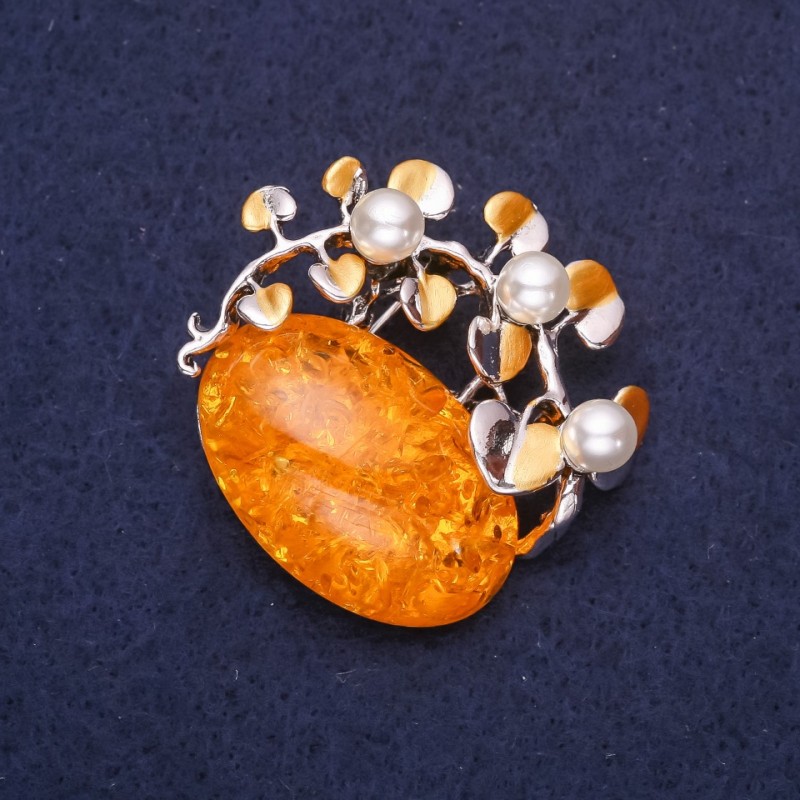 Amber Fruit Brooch (Faux) with Stone, Yellow White, 38x37mm, Silver-Tone Metal