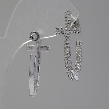Half-Hoop Cross Stud Earrings with Prong-Set Rhinestones / Silver-Tone Metal / 35 x 7mm