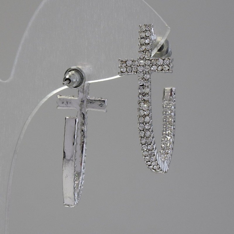 Half-Hoop Cross Stud Earrings with Prong-Set Rhinestones / Silver-Tone Metal / 35 x 7mm