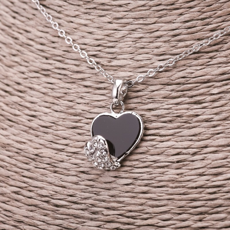 Hearts Pendant on Chain, Black White Rhinestone Inset, 13x17mm, 45-50cm Length, Silver Metal