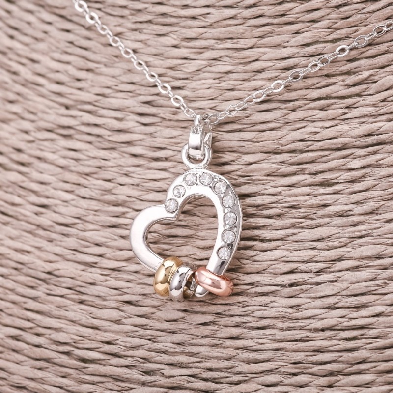 Heart Pendant on Chain, White Rhinestones, 16x23mm, 45-50cm Length, Silver Metal