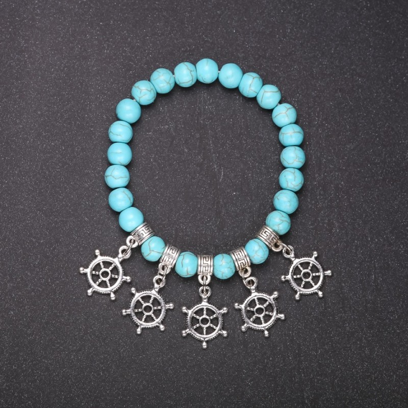Turquoise (Imitation) Bracelet with Ship's Wheel Charm, Smooth Round Bead, diameter 8mm, length 18cm on elastic