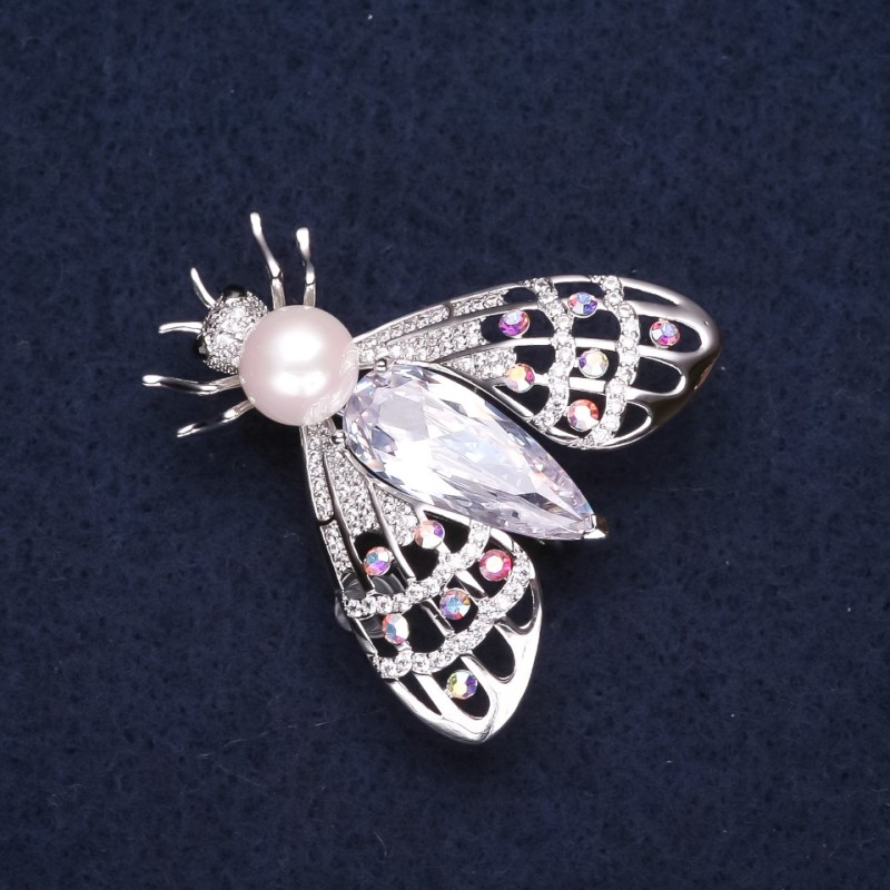 Sale! Butterfly Brooch, Silver-Tone Metal with Bead, Rhinestones and Crystal, 34x35mm+