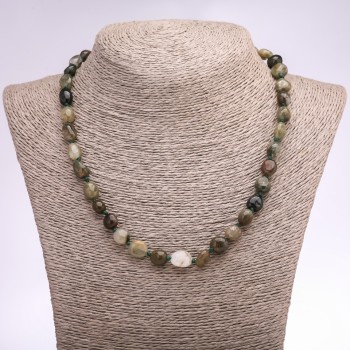 Moss Agate Natural Stone Necklace, Tumbled Beads, 9x10mm, 45cm+ Length