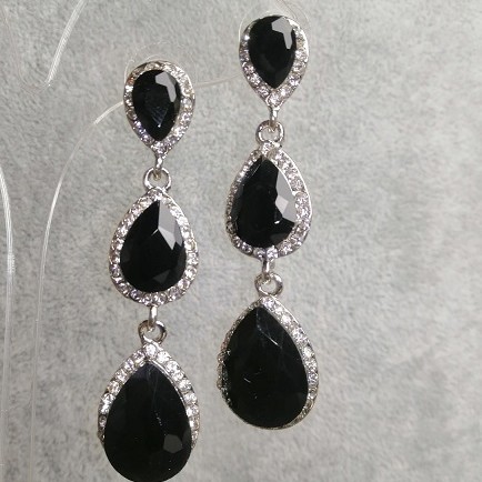 Earrings with Black Crystals, 6cm Length, Gray Metal