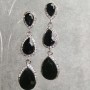 Earrings with Black Crystals, 6cm Length, Gray Metal