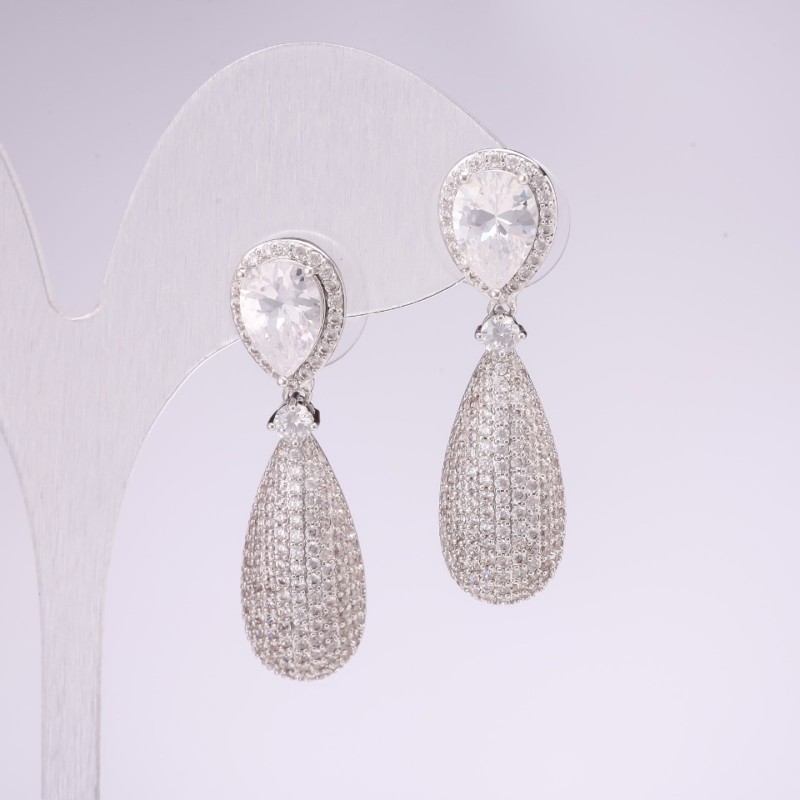 Evening Earrings Series 925 with Stones, White, 38x10mm, Silver-Tone Metal