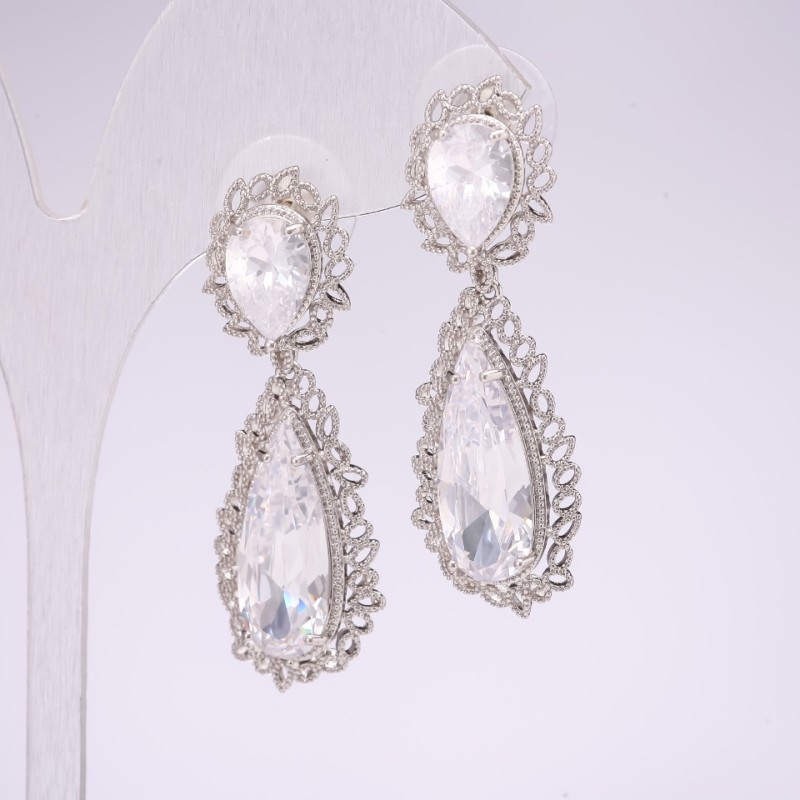 925 Series Evening Earrings with White Stones 45x15mm Silver-Tone Metal