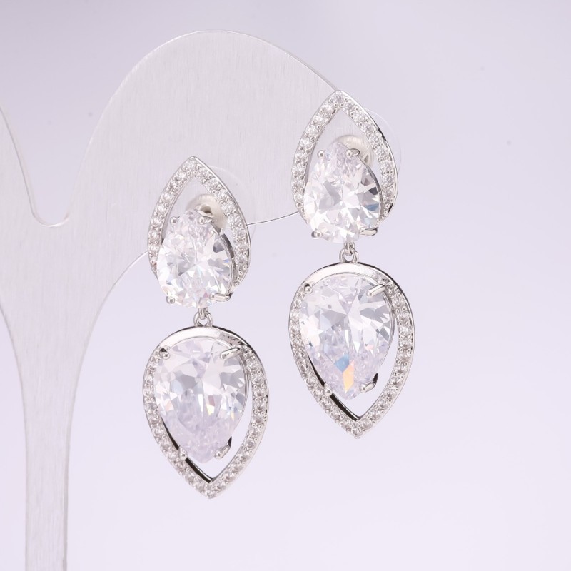 925 Series Evening Earrings with White Stones 15x41mm Silver-Tone Metal