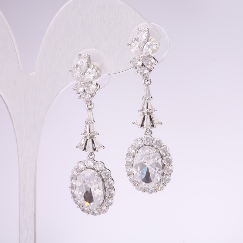 925 Series Earrings with White Stones 48x14mm Silver-Tone Metal
