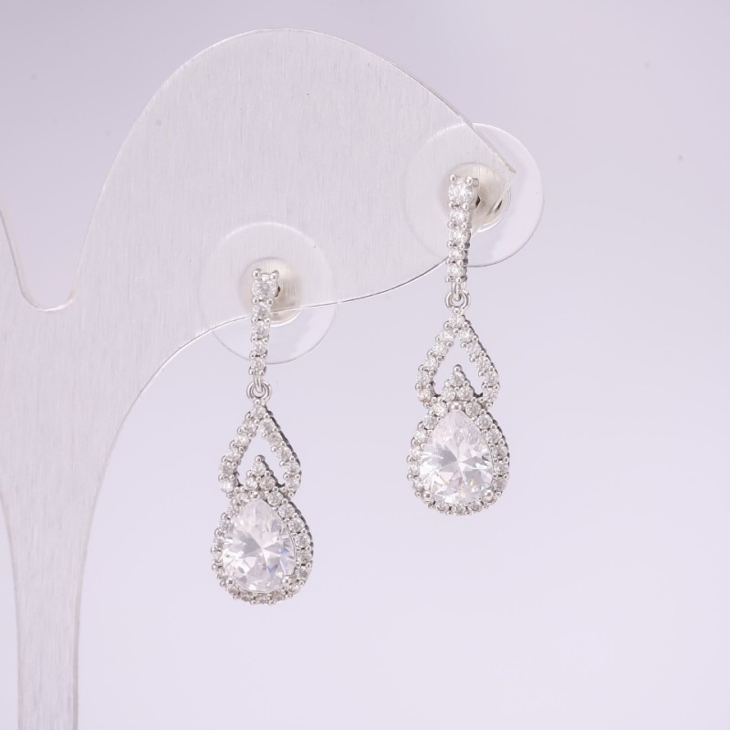 925 Series Rhinestone Earrings with White Stones 8x28mm Silver-Tone Metal
