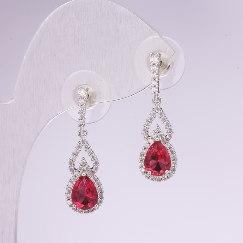 925 Series Rhinestone Earrings with Raspberry Stones 8x28mm Silver-Tone Metal