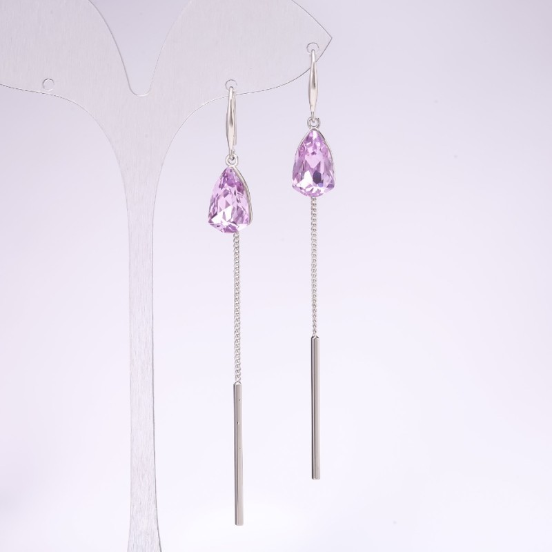 925 Series Long Earrings with Lilac Stones 8x85mm Silver-Tone Metal