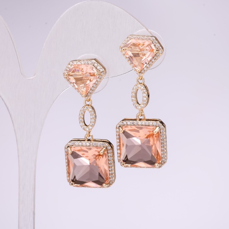 925 Series Evening Earrings with Champagne Stones 15x38mm Silver-Tone Metal