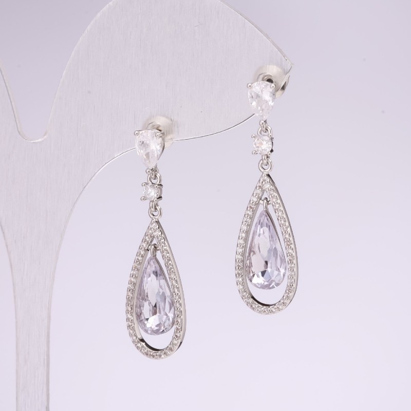 925 Series Teardrop Earrings with Gray Stones 10x35mm Silver-Tone Metal