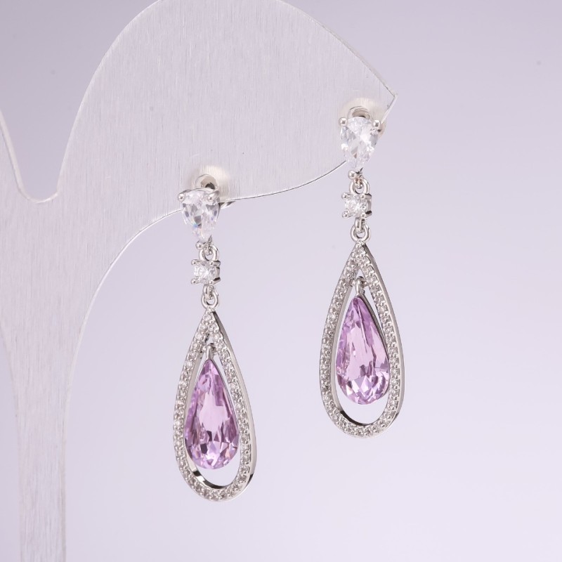 925 Series Teardrop Earrings with Lilac Stones 10x35mm Silver-Tone Metal