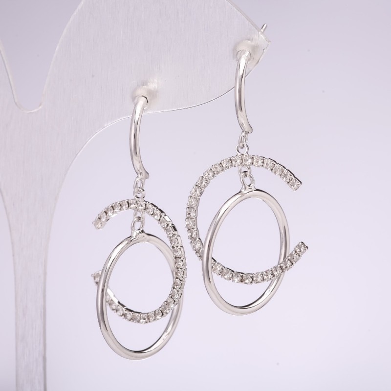 925 Series Earrings with White Rhinestones 40x20mm Silver-Tone Metal