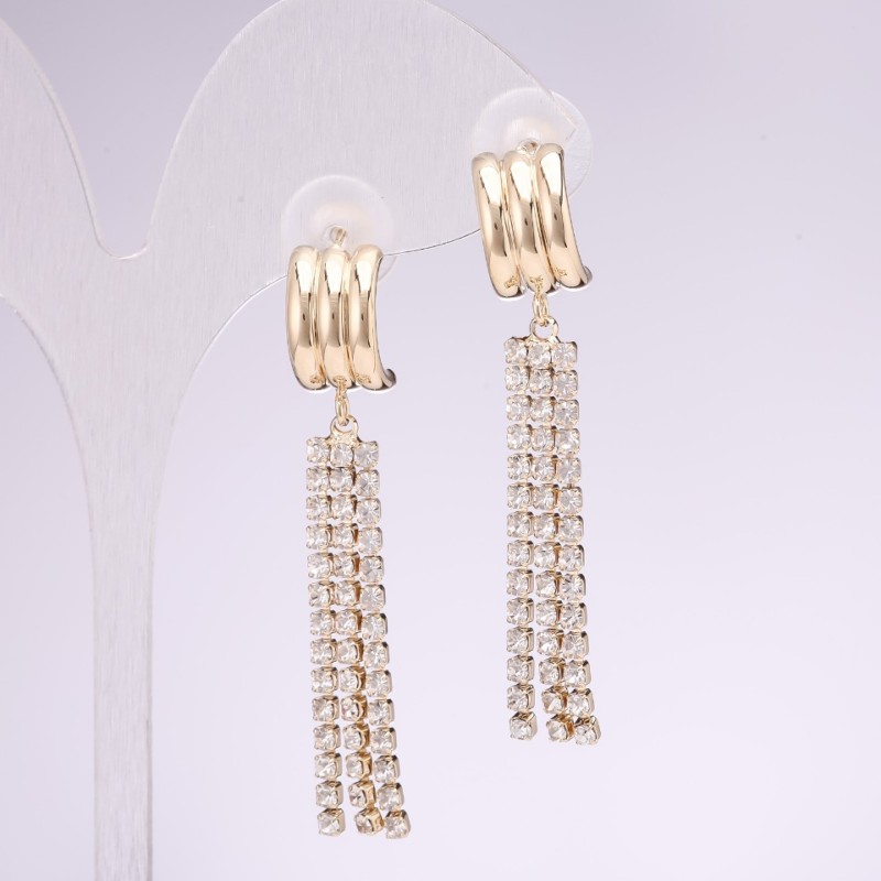 925 Series Dangle Earrings with White Rhinestones 10x50mm Gold-Tone Metal