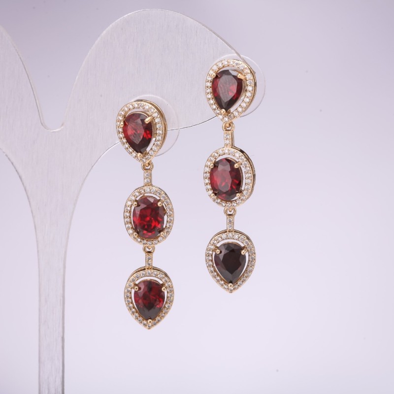 Evening Earrings 925 Series with Stones Red Color 45x10mm Gold-Tone Metal