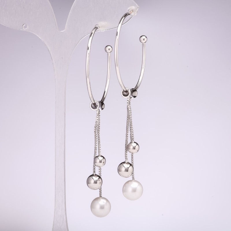 Hoop Earrings with Charms 925 Series Beads White Color 95x2mm Silver-Tone Metal