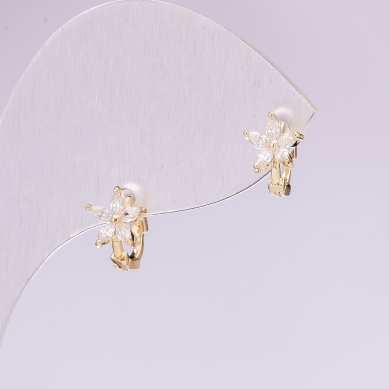 Flower Earrings 925 Series Rhinestones White Color 7x11mm Gold-Tone Metal