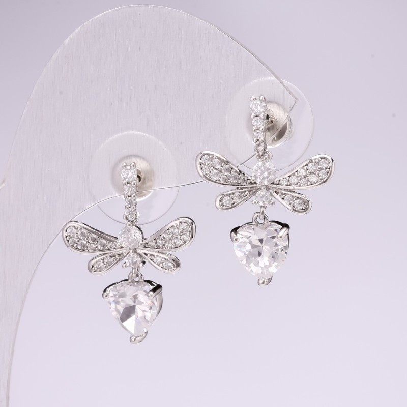 Stud Earrings Dragonflies 925 Series Stones Rhinestones White Color 23x17mm Silver-Tone Metal