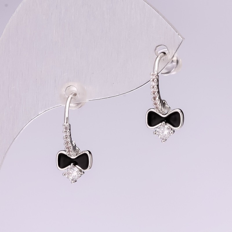 Bow Earrings 925 Series Rhinestones Enamel White Black Color 15x7mm Silver-Tone Metal
