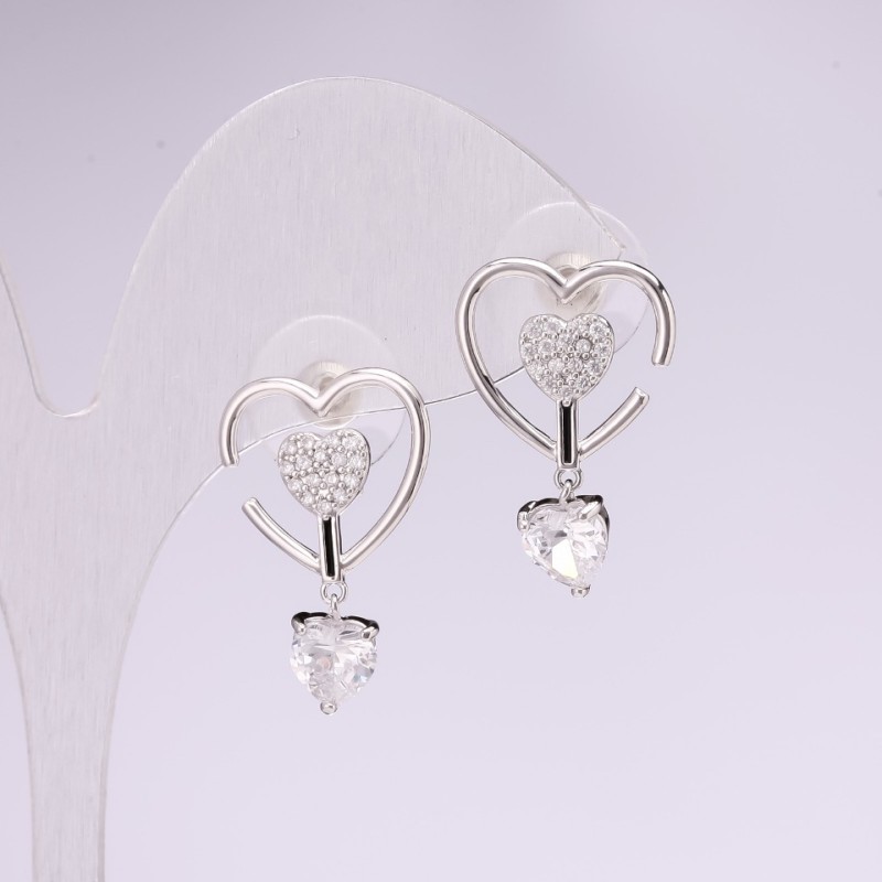 Stud Earrings Hearts 925 Series Rhinestones White Color 23x15mm Silver-Tone Metal