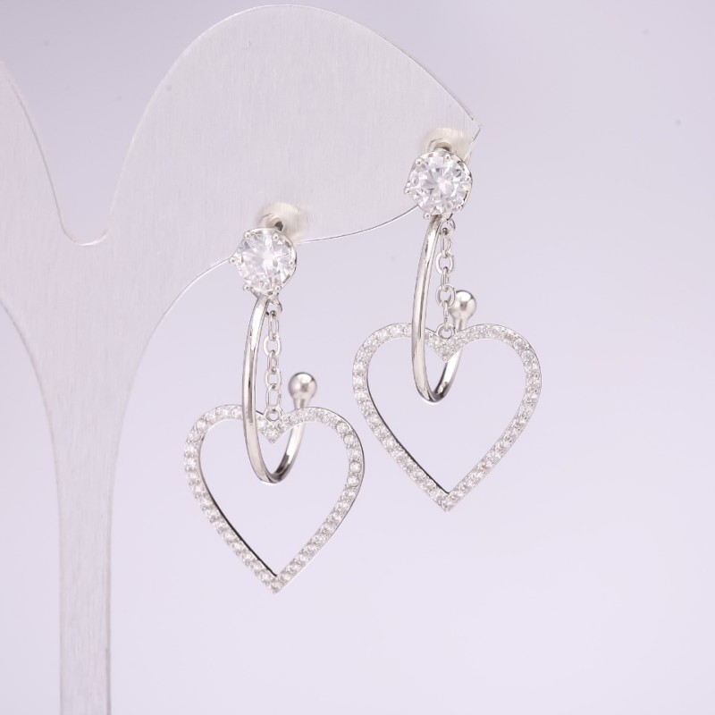 Stud Earrings with Heart Charms 925 Series Rhinestones White Color 35x18mm Silver-Tone Metal