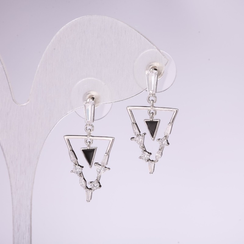 Stud Earrings Triangles 925 Series Rhinestones White Color 14x28mm Silver-Tone Metal