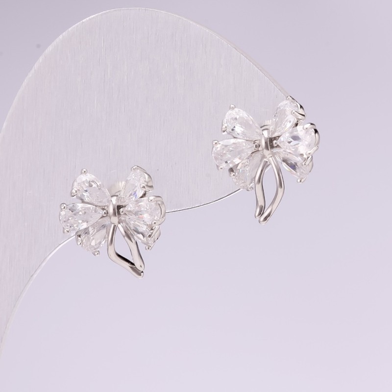 Stud Earrings Bows 925 Series Stones White Color 12x14mm Silver-Tone Metal