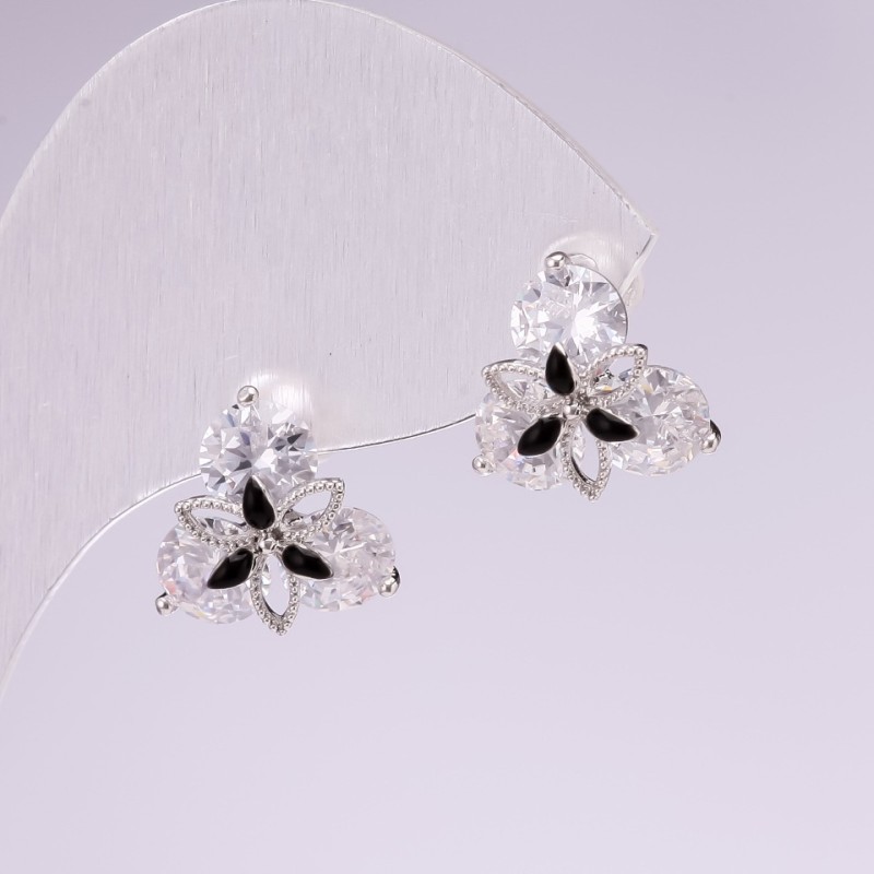 Stud Earrings, 925 Series, White & Black Stones, 13x13mm, Silver-Tone Metal, Korea