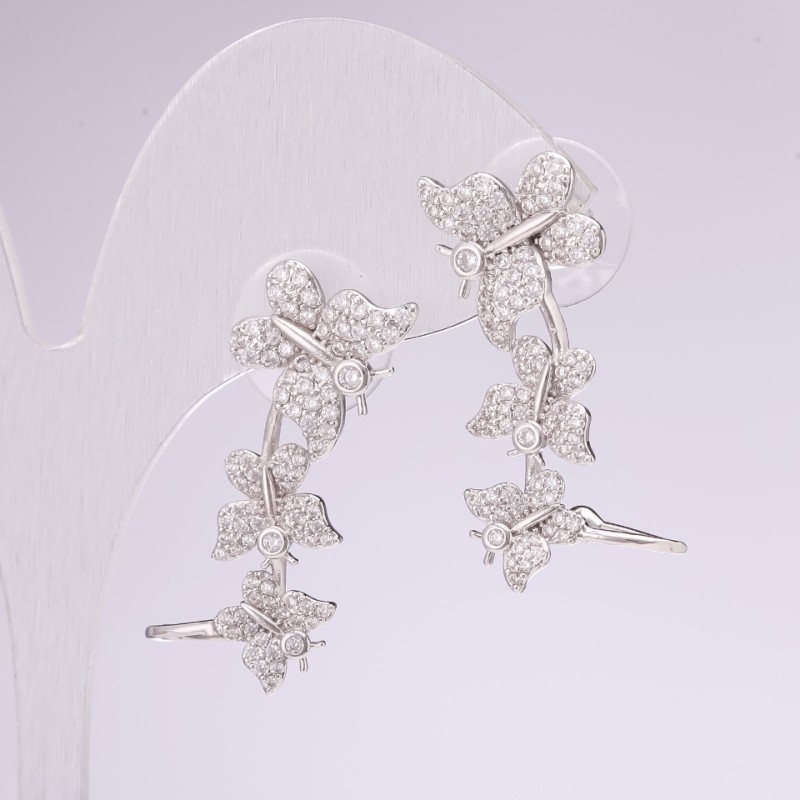 Butterfly Ear Cuffs, 925 Series, White Rhinestones, 29x12mm, Silver-Tone Metal