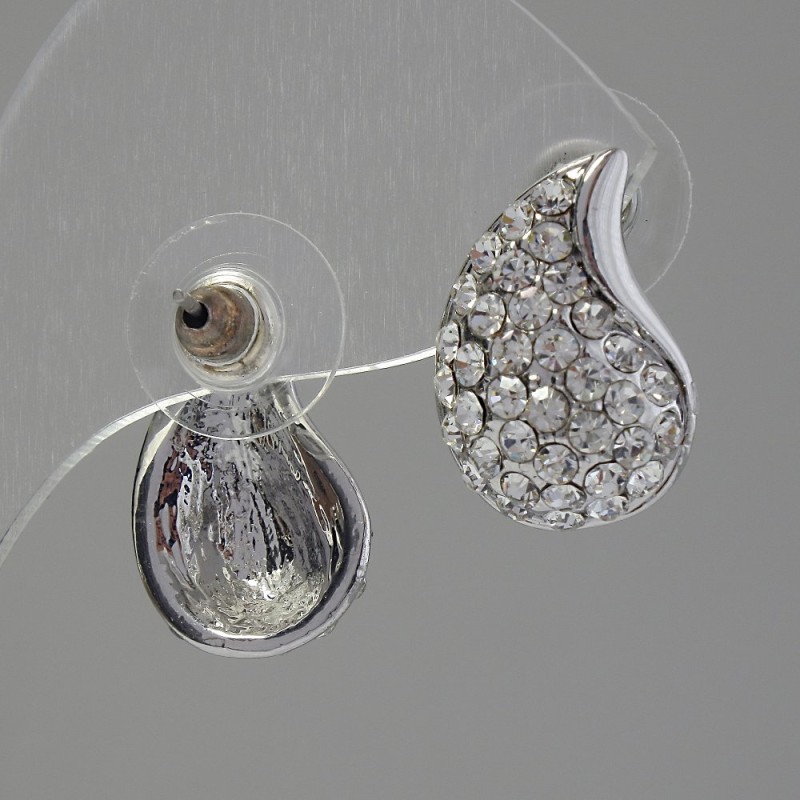 Stud Earrings with Rhinestones, White, 12x18mm, Silver-Tone Metal