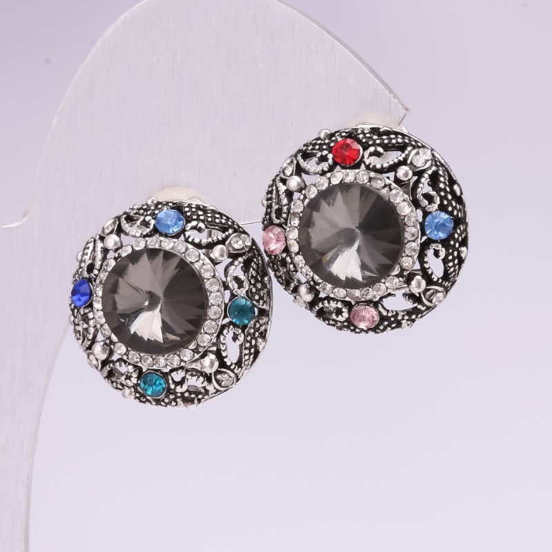 Evening Stud Earrings with Stones and Rhinestones, Gray Red Blue Green, 25mm, Silver Metal