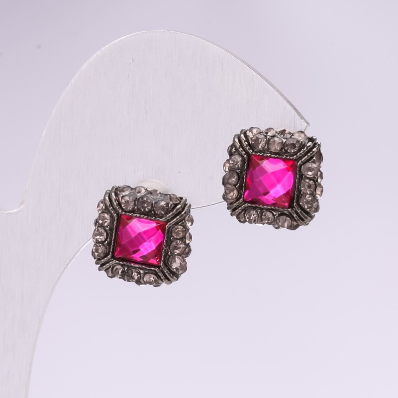 Evening Stud Earrings with Stones and Rhinestones, Raspberry Gray, 14mm, Silver-Tone Metal