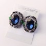 Evening Stud Earrings with Stones and Rhinestones, Blue Green White, 24x20mm, Silver-Tone Metal