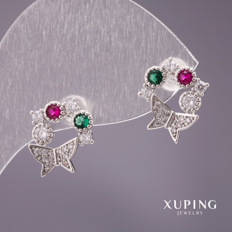 Xuping Butterfly Stud Earrings with Rhinestones, White/Green/Raspberry, 13x12mm, Rhodium
