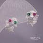 Xuping Butterfly Stud Earrings with Rhinestones, White/Green/Raspberry, 13x12mm, Rhodium