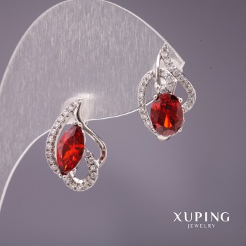 Xuping Asymmetric Earrings with Red Stone, 18x11mm, Rhodium
